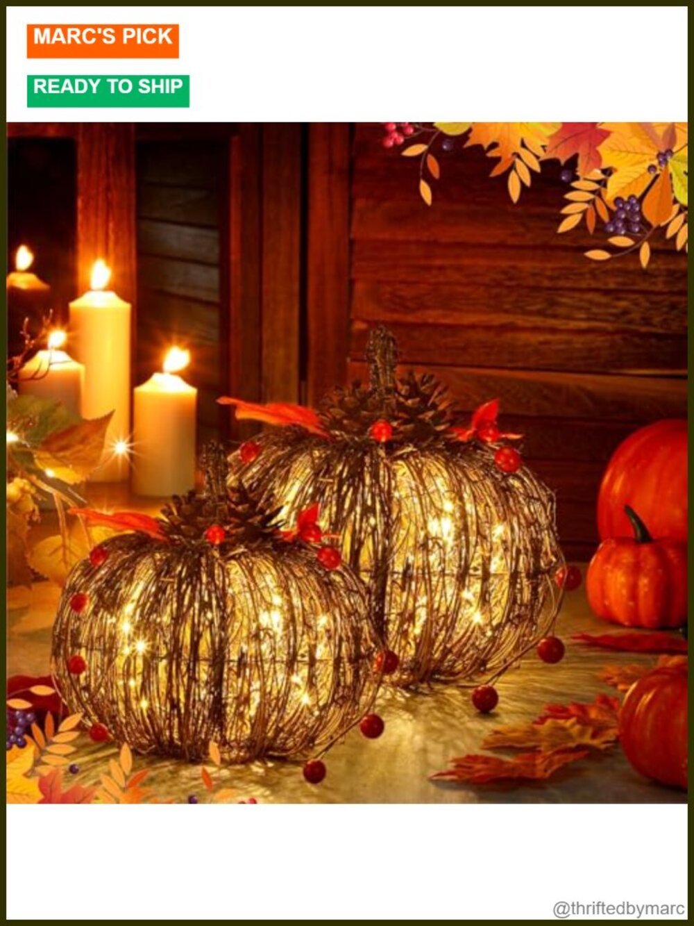 2 Pc Lighted Rattan Pumpkin Decor Fall Thanksgiving 8" 6"
